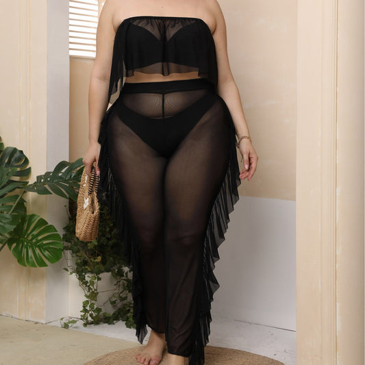 Plus Size Seaside Vacation Beach Sexy Sheer Mesh Women Clothes Ruffled Trousers Two Piece Set