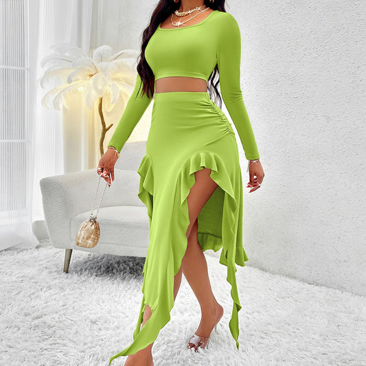 Fall Women Clothing Solid Color round Neck Long Sleeve Top Ruffled Mid Length Skirt Set